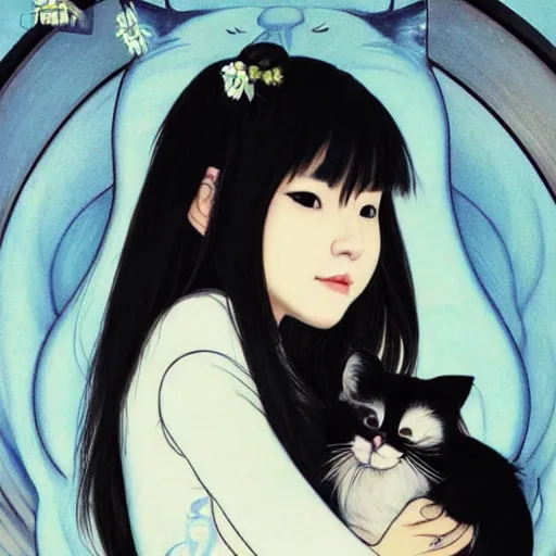 Image similar to cute emo taiwanese woman, with long dark hair, thick eyebrows!!! dark eyes and dark circles!, wide nose!!!, big eyes, oval face shape, big cheeks!, she is holding a cat in her arms, by juan villafuerte, greg rutkowski and alphonse mucha, pexels contest winner, high quality photo, hd rtx