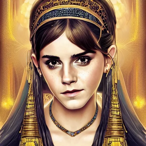 Image similar to Emma Watson as Cleopatra, cute, fantasy, intricate, elegant, highly detailed, digital painting, 4k, HDR, concept art, smooth, sharp focus, illustration, art by artgerm and H R Giger and alphonse mucha