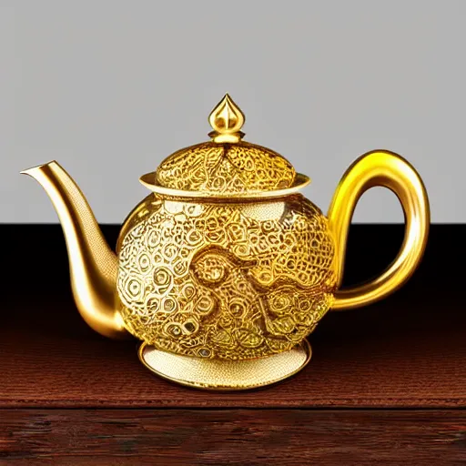 Prompt: 3d render enamel porcellaine teapot on top of an octopus, gold filigree, shiny, photo realistic, vivid displayed on a wood curio cabinet