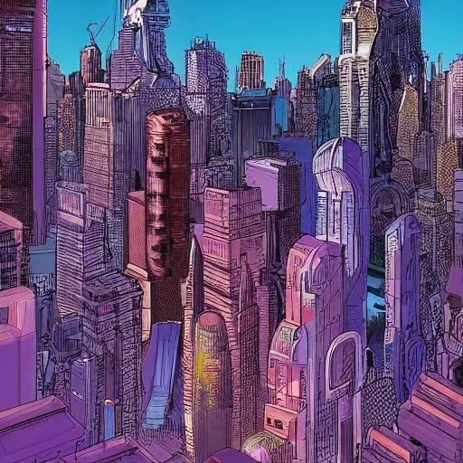 Image similar to A digital art of a city in 2055, detailed award winning comic cover by moebius