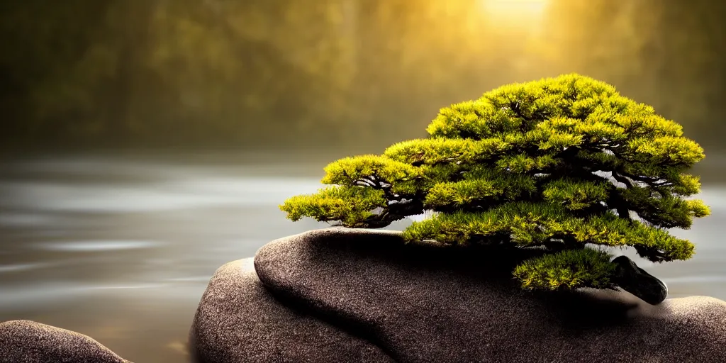 Prompt: photo bonsai cedar on amber rock in the water, gold hour, soft lighting, light fog, medium full shot, volumetric lighting, beautiful, ultra detailed, cgsociety by leesha hannigan, thierry doizon, 3 5 mm, fujifilm, cinematic, realistic, rtx