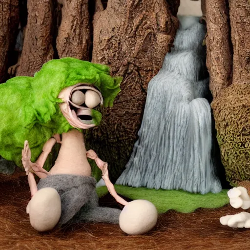 Prompt: high - res photograph of a claymation sculpture action figure cute fluffy critters, highly detailed sculpey diorama, forest setting, waterfall backdrop, realistic materials, wood, felt, cloth, burlap, smooth, sharp foccus, commercial product photography,