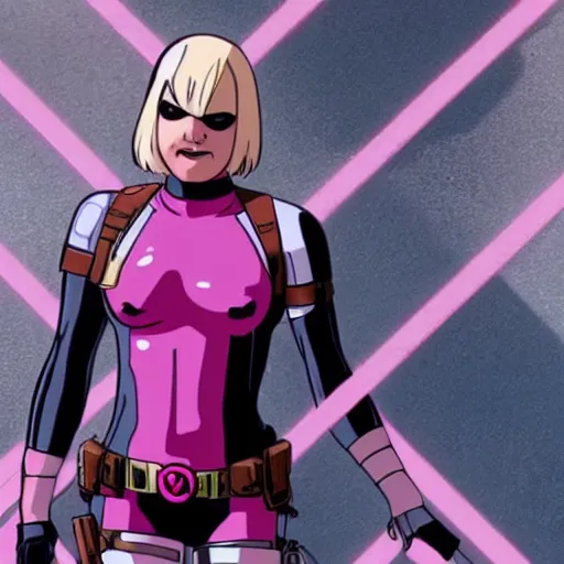 Image similar to A still of Gwenpool in Deadpool 3 (2023), no mask, blonde hair with pink highlights