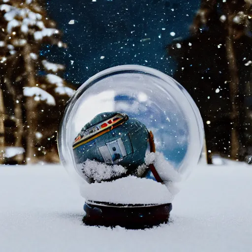 Image similar to a space rocket inside a snow globe, 3 5 mm, disposable film, lens blur, 8 k, realistic, dramatic backlighting