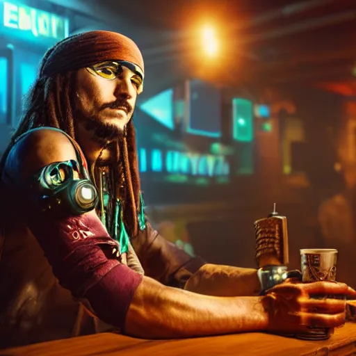 Image similar to high quality portrait of a pirate with four arms in a cyberpunk cyberpunk cyberpunk cafe, realism, 8k, award winning photo