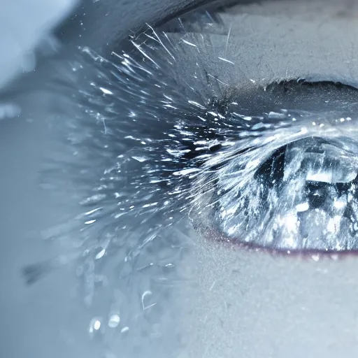 Prompt: see through clear sheet of ice sheet of ice in front of face behind ice 80mm eye close up