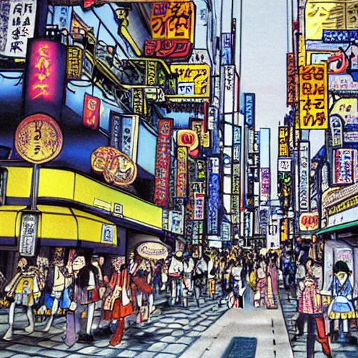 Image similar to a beautiful painting of a city street in tokyo by hirohiko araki, detailed line art, jojos bizarre adventure