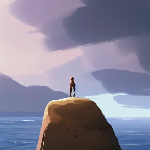 Image similar to Image from afar, man looking from the top of a large rock cliff, the sea hits the large stones hard, the clouds let through subtle rays of light, ilustration art by Goro Fujita, concept art, smooth, sharp focus, ArtStation