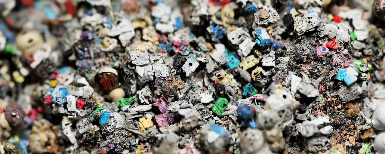 Prompt: a close up of a piece of plastiglomerate made from warhammer figures and korean beauty face masks, photographic, highly detailed