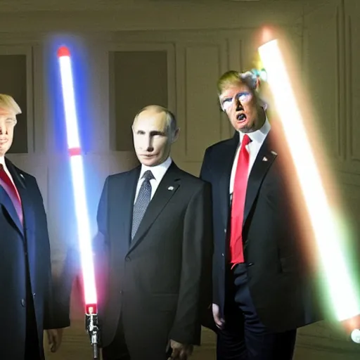 Image similar to photo of putin, trump and obama having a lightsaber fight