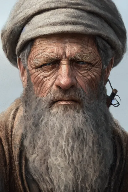 Prompt: close up portrait of an old fisherman, d & d, face, fantasy, intricate, elegant, highly detailed, digital painting, artstation, concept art, smooth, sharp focus, illustration, art by greg rutkowski