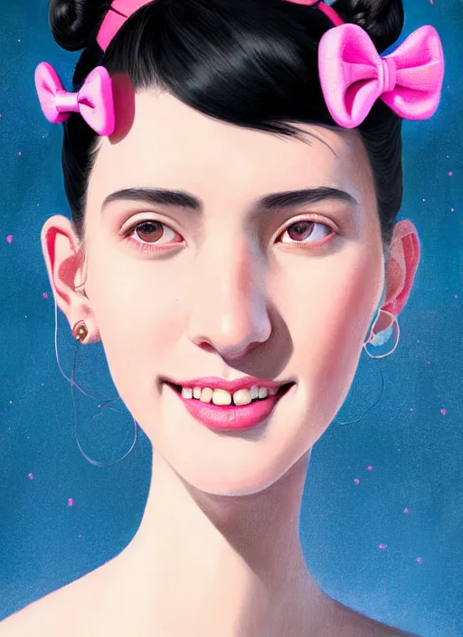 Image similar to portrait of high school girl, realistic, black hair, bangs, half updo hairstyle, pointy nose, skinny, smile, ugly, defined jawline, big chin, pink hair bow, earrings, intricate, elegant, glowing lights, highly detailed, digital painting, artstation, sharp focus, illustration, art by wlop, mars ravelo and greg rutkowski