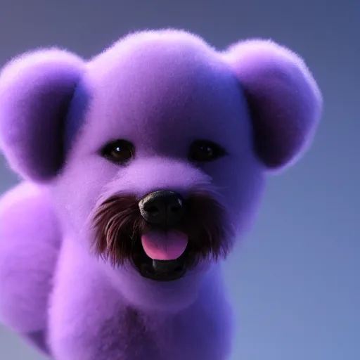 Image similar to a photorealistic render of a purple fluffy cloud shaped like a puppy, 3D octane render, unreal engine, hyperrealistic, 8k, volumetric lighting