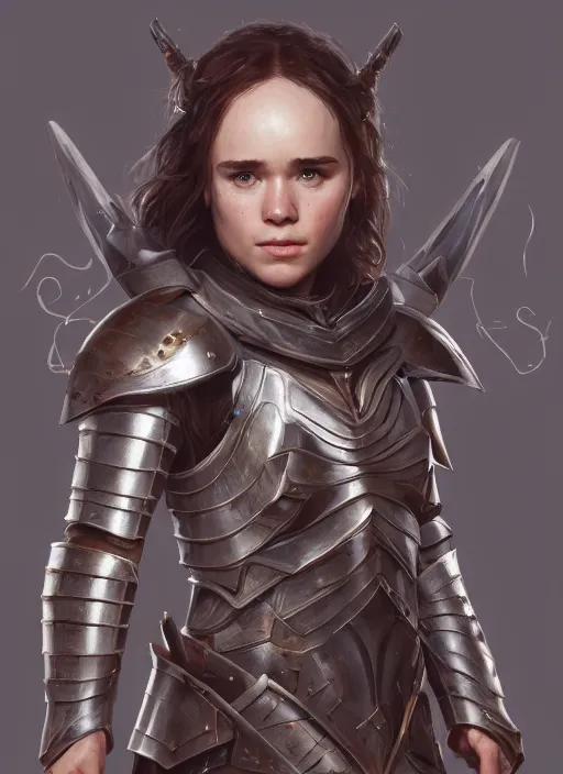 Image similar to portrait of ellen page as a legendary knight warrior, au naturel, hyper detailed, digital art, trending in artstation, cinematic lighting, studio quality, smooth render, unreal engine 5 rendered, octane rendered, art style by klimt and nixeu and ian sprigger and wlop and krenz cushart.