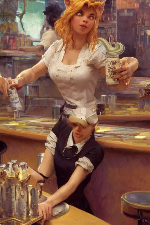 Image similar to a female anthro wolf serving milkshakes as a waitress, 5 0's diner, 4 k, furaffinity, trending on artstation, very expressive face, by gaston bussiere, craig mullins, sakimichan, gustav klimt, artgerm, greg rutkowski, alphonse mucha