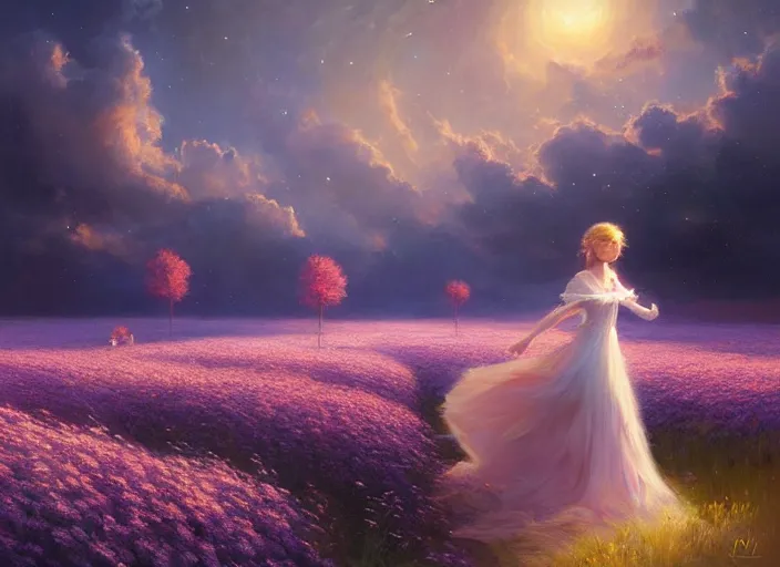 Prompt: a lone princess walks through a vast flower field in the cosmic sky by guweiz and peder mørk mønsted and delphin enjolras and vladimir volegov