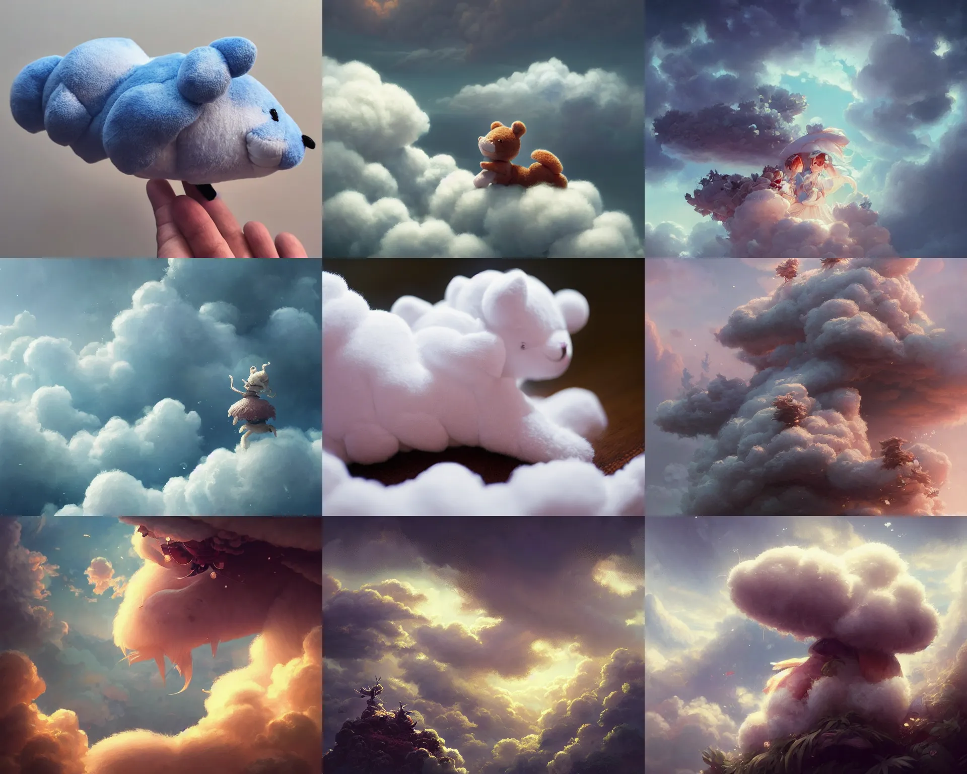 Prompt: toy stuffed plush animals paradise clouds, magnificent, close up, details, sharp focus, elegant, highly detailed, illustration, by Jordan Grimmer and greg rutkowski and PiNe(パイネ) and 薯子Imoko and 香川悠作 and wlop and maya takamura, intricate, beautiful, Trending artstation, pixiv, digital Art