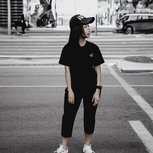 Image similar to street photography, asian woman wearing a black baseball cap and a white t shirt and high waisted mom jeans and white sneakers