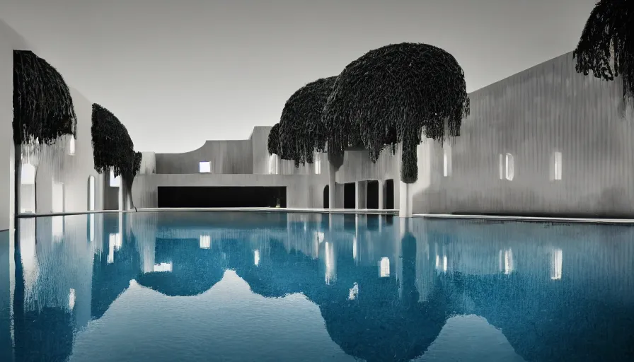 Prompt: symmetrical establishing shot of The unsettling courtyard of a monochrome modernist hotel designed by Luis Barragán, An empty swimming pool in the foreground. Walls are made of delicate lace of white slime mold. Single point perspective photographed by Wes Anderson and Andreas Gursky. Cinematic, dramatic lighting, moody, eerie, illustration, uncanny, creepy Sigma 75mm, very detailed, golden hour, Symmetrical, centered, intricate, Dynamic Range, HDR,