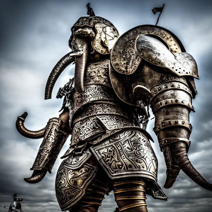 Image similar to photo of a warrior with metal elephant themed armour, highly detailed, 4 k, hdr, smooth, sharp focus, high resolution, award - winning photo