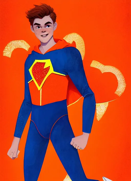 Image similar to kind teenage archie andrews wearing an orange superhero costume, freckles, superhero costume with heart emblem, cape, intricate, elegant, glowing lights, highly detailed, digital painting, artstation, sharp focus, illustration, art by wlop, mars ravelo and greg rutkowski