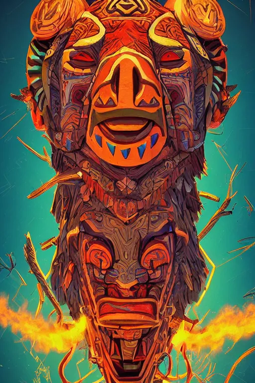 Image similar to totem animal tribal chaman vodoo mask feather gemstone plant wood rock video game illustration vivid color borderlands by josan gonzales and dan mumford radiating a glowing aura global illumination ray tracing