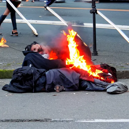 Prompt: vancouver bc homeless person on fire