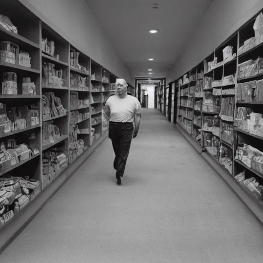 Prompt: A photograph of homer simpson walking through a dark, abandoned department store where the walls, carpet and ceiling are colored beige. liminal space