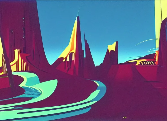 Image similar to ground view of a utopia future city. style by syd mead and eyvind earle.