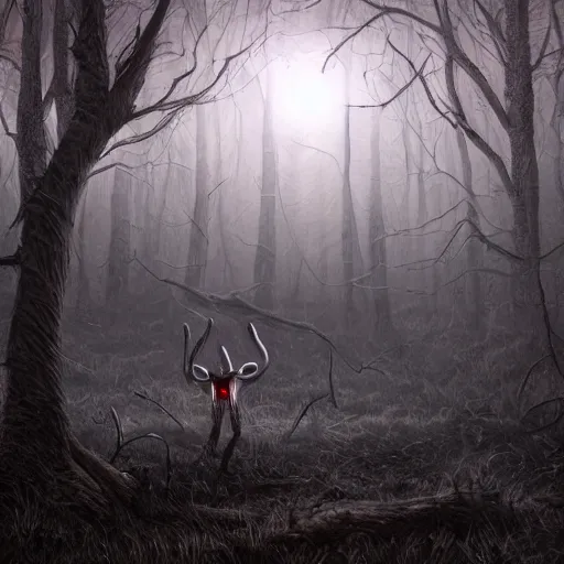 Prompt: A realistic detailed photo of a creepy demon, red eyes, dead trees, detailed body, teeth filled with cavities, foggy landscape, creepy, light particles, detailed light, realistic shaders, trending on artisation, detailed textures, detailed, realistic.