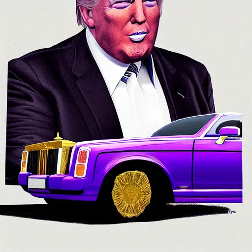 Image similar to portrait of donald trump sitting on a roll's royce, gta 5 artwork, gold chain necklace, very detailed face, purple suit