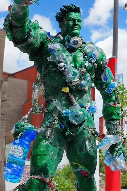 Prompt: a statue of Captain Planet made entirely out of plastic waste and recyclables