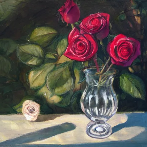 Prompt: Glass of Roses on a table, artisan, centre, sunny day