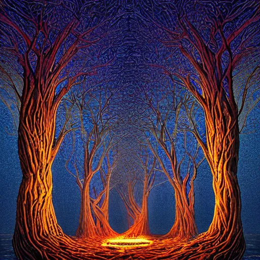 Image similar to A beautiful and detailed view of A symmetrical fractal smoldering ember tree trunk aqueduct, filled with flowing bioluminescence , under a night sky, by Rob Gonsalves and Adam paquette