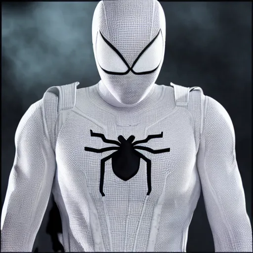 Image similar to white spider - man suit with black web lining, cinematic, volumetric lighting, realistic, hyperdetailed, photorealistic, photograph