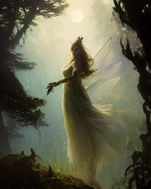 Image similar to a portrait of beautiful fairy goddness fly high in the night, d & d, fantasy, mist, full moon in background, trees, hyper detailed,, midium shot, an oil painting by ruan jia, trending on artstation, concept art, sharp focus, illustration, gaston bussiere, craig mullins, j. c. leyendecker, beautiful lighting