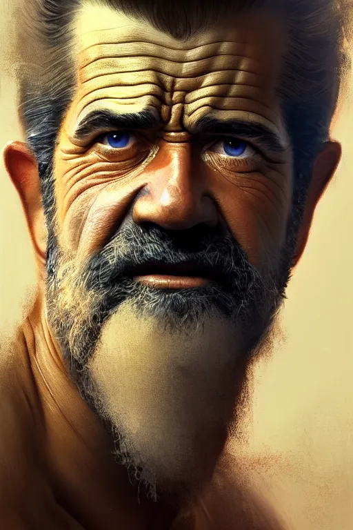 Image similar to ultra detailed close up facial portrait of mel gibson, extremely detailed digital painting, in the style of fenghua zhong and ruan jia and jeremy lipking and peter mohrbacher, mystical colors, rim light, beautiful lighting, 8 k, stunning scene, raytracing, octane, trending on artstation