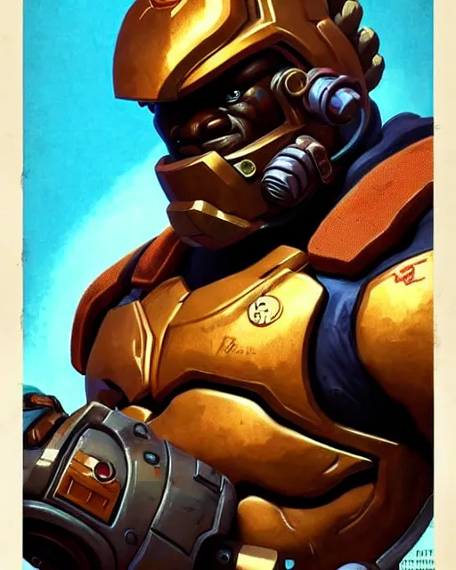 Image similar to doomfist from overwatch, character portrait, portrait, close up, concept art, intricate details, highly detailed, vintage sci - fi poster, retro future, vintage sci - fi art, in the style of chris foss, rodger dean, moebius, michael whelan, and gustave dore