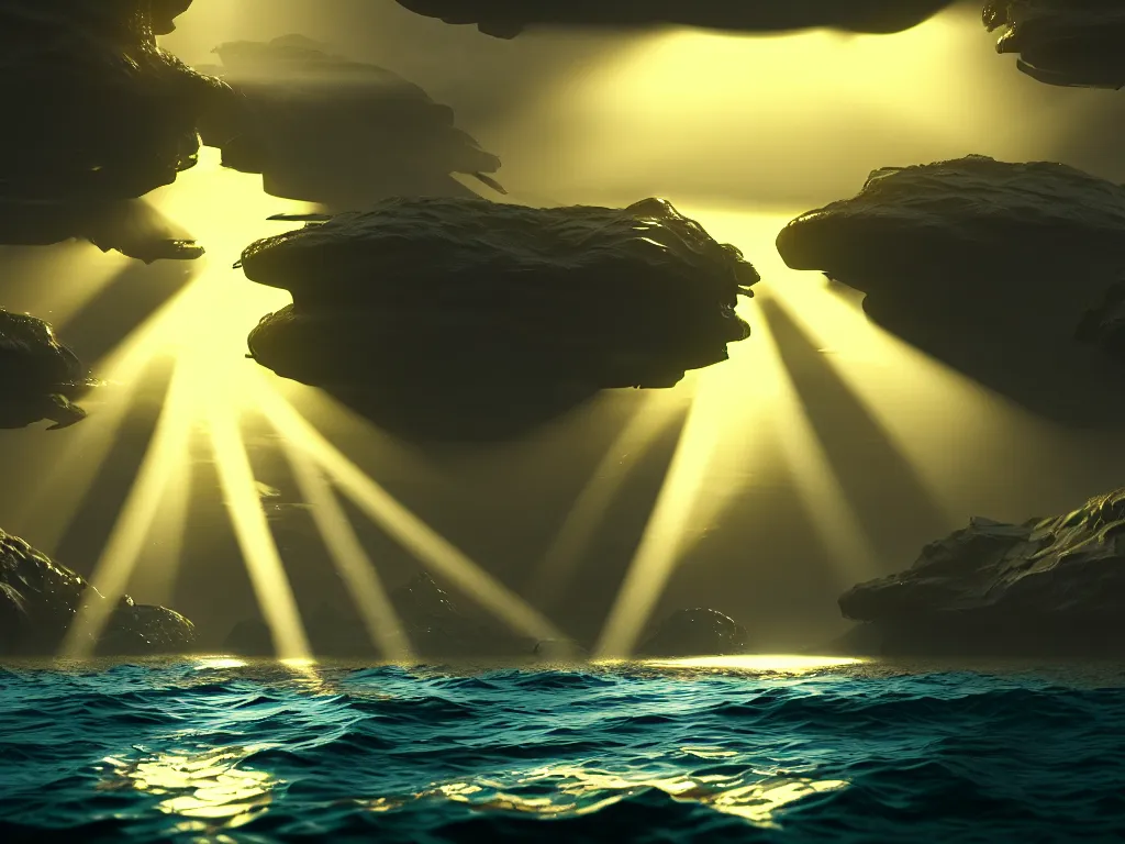 Image similar to god rays reflecting in the sea fish swimming around, dramatic lighting, cinematic, establishing shot, high detail, cinematic lighting, post processed, 8k, concept art, artstation, matte painting, in the style of eddie mendoza, raphael lacoste, alex ross