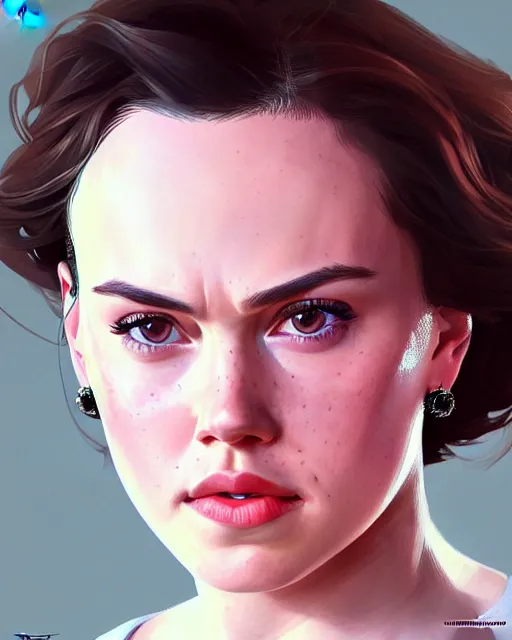Image similar to portrait Daisy Ridley, cute-fine-face, pretty face, realistic shaded Perfect face, fine details. Anime. realistic shaded lighting by Ilya Kuvshino Giuseppe Dangelico Pino and Michael Garmash and Rob Rey, IAMAG premiere, aaaa achievement collection, elegant freckles, fabulous