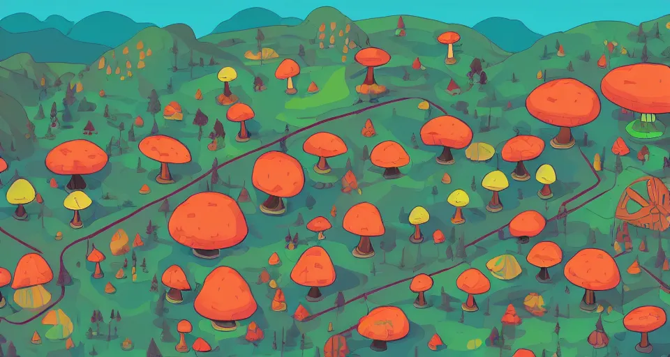 Image similar to A tribal village in a forest of giant mushrooms, by Kurzgesagt,