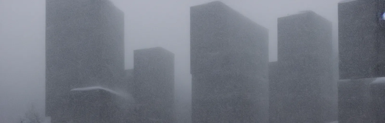 Prompt: snow falling on complex, geometric brutalist buildings, fragmented architecture, diagonal shapes, complex ramps, balconies, stairways, sharp focus, clear focus, beautiful, award winning architecture, le corbusier, frank lloyd wright, snow, fog, mist, hopeful, quiet, calm, serene