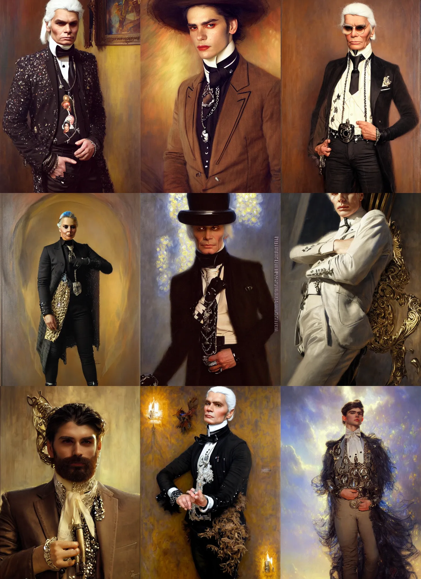 Prompt: portrait of a handsome man dressed in a designed custom by karl lagerfeld, head shoot, art by alex heywood and gaston bussiere, albert lynch, fantasy art, reimagined by industrial light and magic, oil on canvas, hd