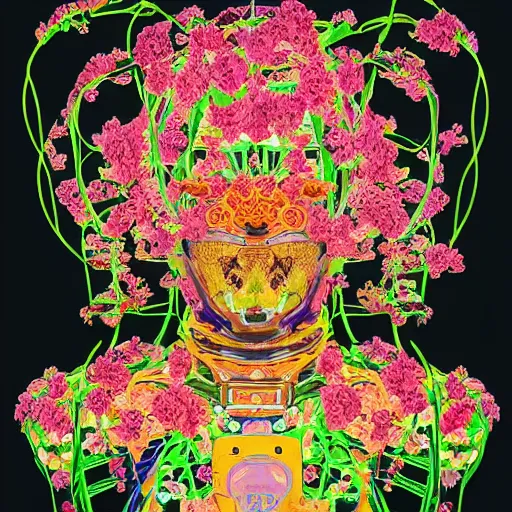 Image similar to colourful vfx art - portrait of army mecha robot wrapped in flowers & vines, art by utagawa kunisada & tadanori yokoo, volumetric light, ray tracing, sharp, detailed, digital painting, illustration, highly detailed, intricate detail, unreal engine, octane render, pinterest, behance, art station,