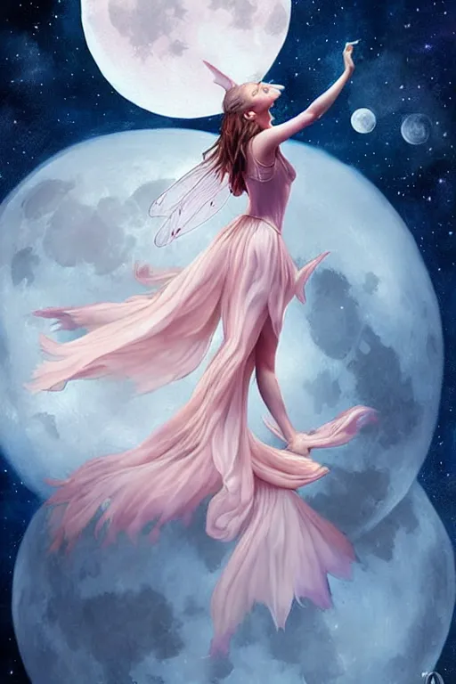 Image similar to attractive fairy magically floating high in the night, fantasy, full moon in background. highly detailed painting by artgerm, mid shot, 8 k