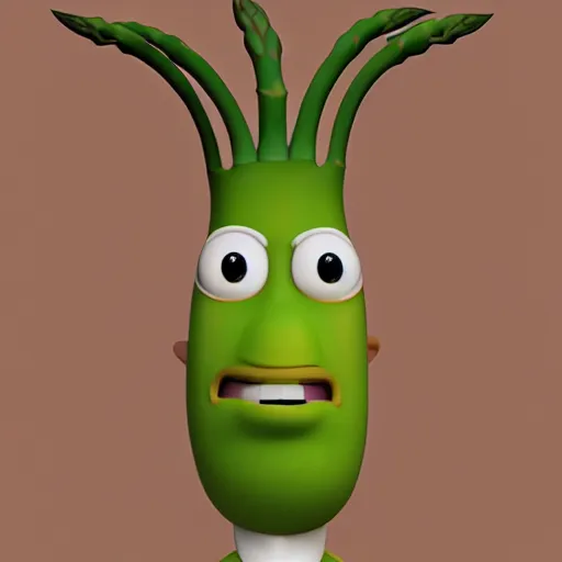 Image similar to a 3 d portrait of a handsome asparagus character from the movie sausage party. cinema 4 d, maxon one, ue 5, very high aperture, subsurface scattering, volumetric lighting, perfect lighting, focus on face.