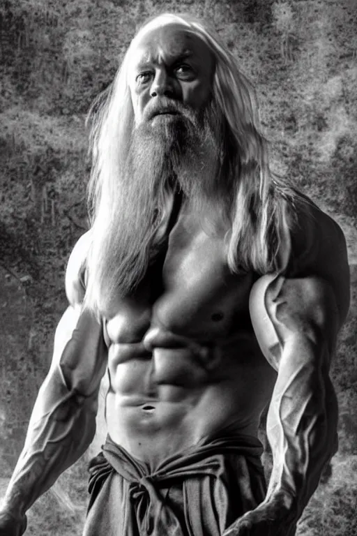 Prompt: Dumbledore is a jacked muscle builder gigachad, grayscale photography