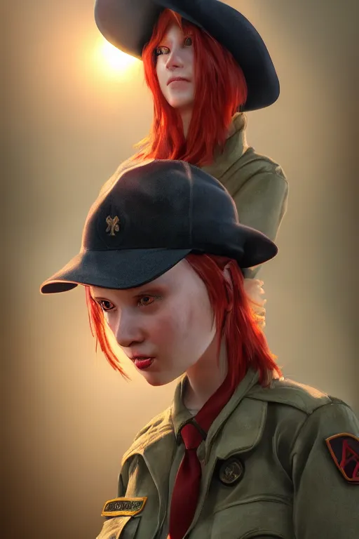 Image similar to A short girl with red hair, wearing a park ranger hat, dramatic lighting, cinematic, establishing shot, extremely high detail, foto realistic, cinematic lighting, post processed, concept art, high details, cinematic, 8k resolution, beautiful detailed, photorealistic, digital painting, artstation, concept art, smooth, sharp focus, artstation trending, octane render, unreal engine