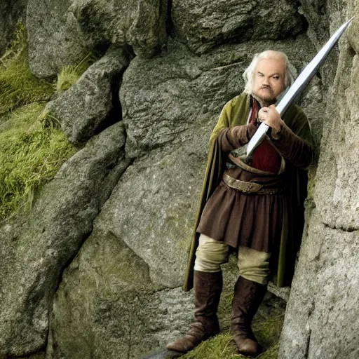 Image similar to kelsey grammar as a hobbit in lord of the rings, 4 k hd film still