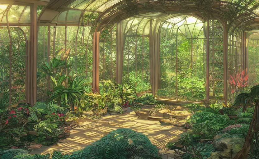 Prompt: japanese garden, jungle, greenhouse, sunrays, bay window, indoor, highly detailed, digital painting, artstation, art nouveau, concept art, sharp focus, illustration